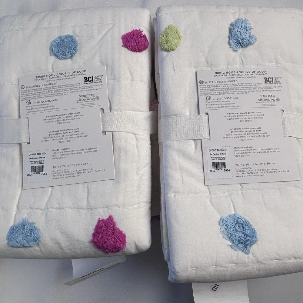 2 POTTERY BARN KIDS Bright Pom-Pom Quilted Euro Pillow Sham 26x26 - Picture 2 of 3